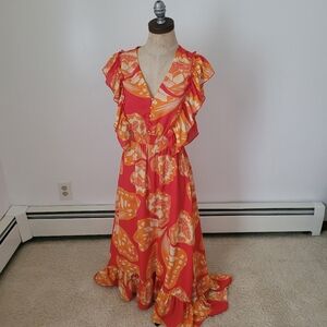 Sweet Lemon S Butterfly Print Ruffle Maxi Dress Deep Pink Orange
